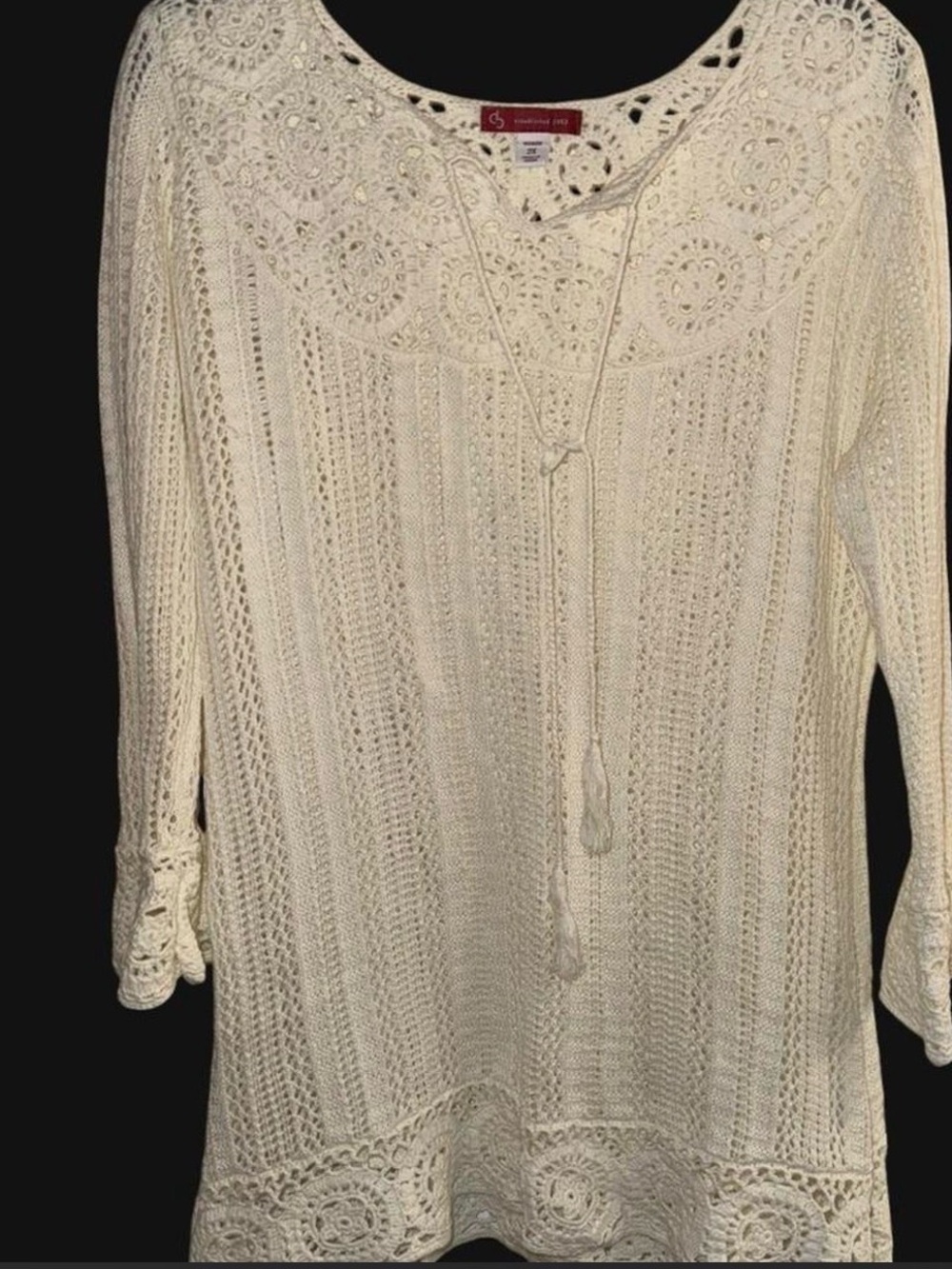 Dress Barn Ivory Crochet-Trim Knit Tunic with Tassel Tie